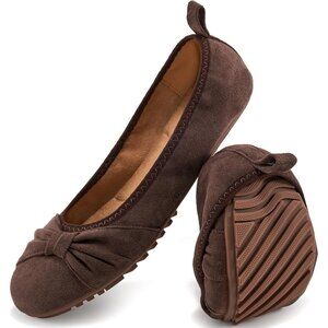 Women's Round Toe Elegant Bow knot Foldable Ballet Flats Loafers Brown Shoes